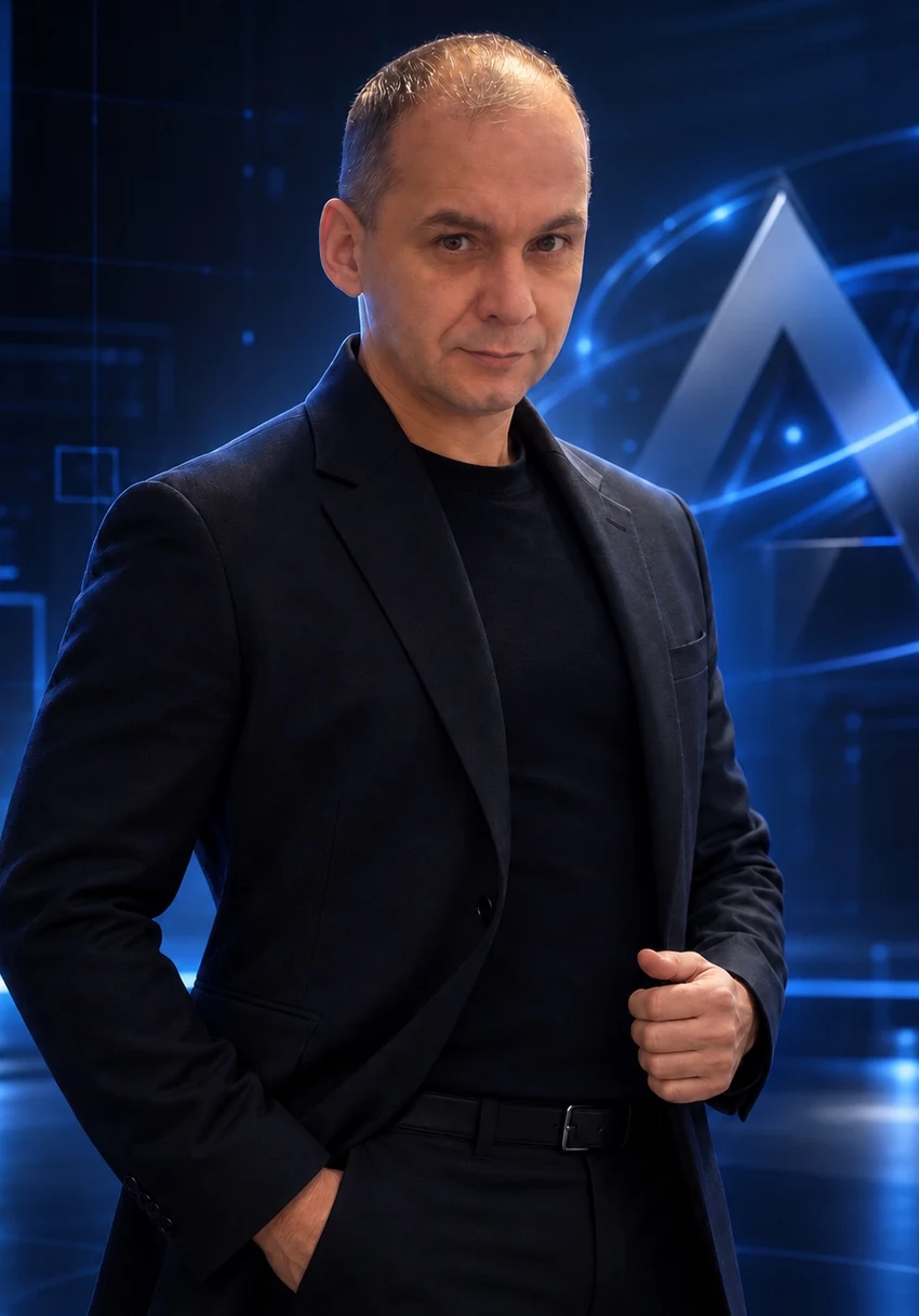 Александр — основатель проекта ALEX AI, деловой портрет в фирменном стиле